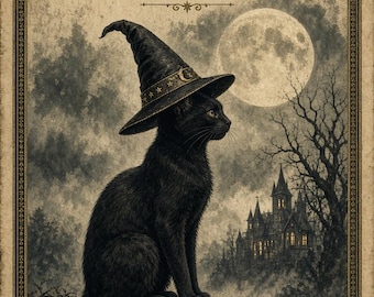 May include: A vintage-style poster featuring a black cat wearing a pointed witch hat. The text reads HALLOWEEN ALL HALLOWS' EVE, OCTOBER 31 A NIGHT OF MYSTERY & MAGIC 1924. A full moon, a dark castle, and a bat silhouette are visible in the background.