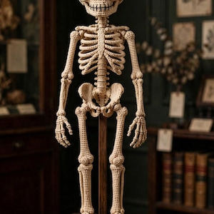 Op de afbeelding: Een beige gehaakt skeletfiguur met grote zwarte oogkassen en een gestikte mond, gemonteerd op een houten standaard met een koperen plaatje met de tekst The Amigurumi Archivist Collector's Edition 1887, vergezeld door een kleine oranje gehaakte pompoen.