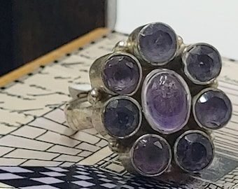 Amethyst and Sterling Silver Artisan Styled Ring in Flower Pattern Design