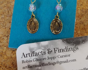 Virgin Mary Pierced Earrings with Glass Foiled Rose Glass Bead Blessed Religious Stamped Brass Charm Mother of Jesus