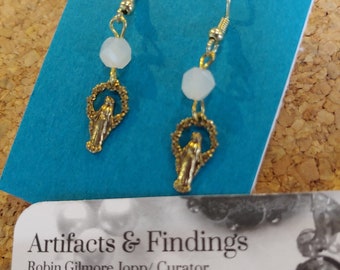 Virgin Mary Pierced Earrings with Milky White Faceted Glass Beads Blessed Religious Stamped Brass Metal Charm Mother of Jesus