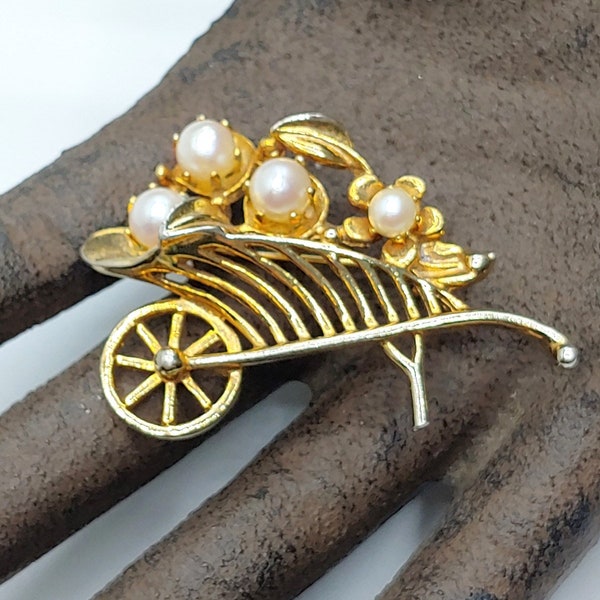 Brooks Gold metal and Faux White Pearl Wheelbarrow Brooch