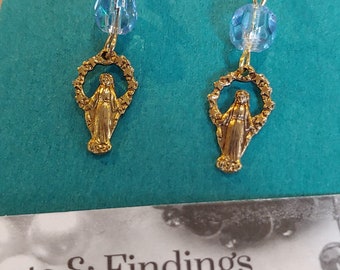 Virgin Mary Pierced Earrings with Pale Blue Faceted Glass Beads Blessed Religious Stamped Metal