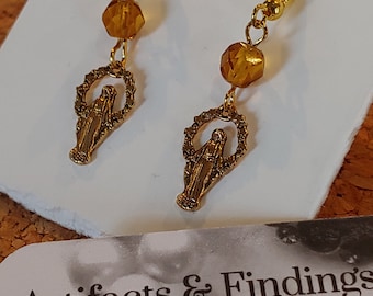 Virgin Mary Pierced Earrings with Citrine Yellow Faceted Glass Beads Blessed Religious Stamped Brass Mother of Jesus