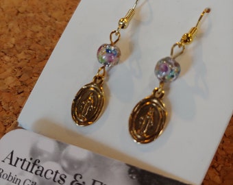 Virgin Mary Pierced Earrings with Foiled Glass Rose Pattern Bead Blessed Religious Stamped Brass Charm Mother of Jesus