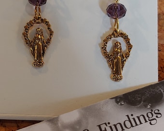 Virgin Mary Pierced Earrings with Amethyst Purple Glass faceted Beads Blessed Religious Stamped Brass Charm Mother of Jesus