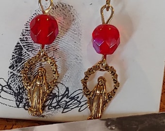 Virgin Mary Pierced Earrings with Red Faceted Glass Bead Blessed Religious, Stamped Metal