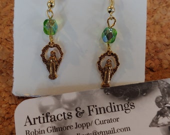 Virgin Mary Pierced Earrings with Green Aurora Borealis Glass Beads, Blessed, Religious, Stamped Brass Charm