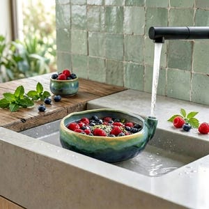 Könnte beinhalten: Eine runde, grün und blau glasierte Keramik-Seihschüssel mit kleinem Ausguss, gefüllt mit frischen Himbeeren und Blaubeeren. Wasser fließt aus einem schwarzen Wasserhahn in die Schüssel, die in einem Betonwaschbecken neben einer kleinen Schale steht.