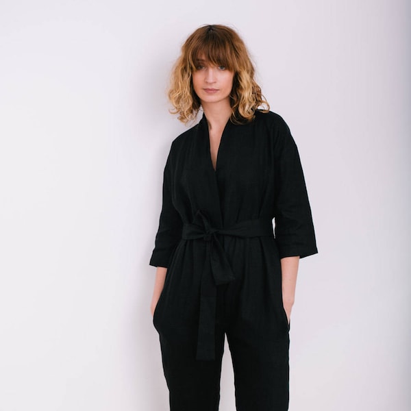 Black Jumpsuit - Linen Overall - Linen Jumpsuit - Linen Romper - Women Overall - Handmade by OFFON