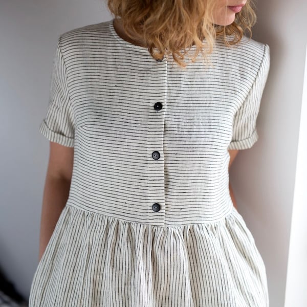 Linen Dress - Striped Linen Dress - Organic Linen Dress - Linen Short Sleeve Dress - Linen Women Dress - Handmade by OFFON