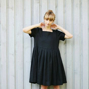 Black linen square neck oversized dress - Handmade by OFFON