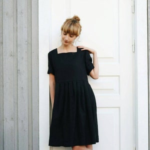 Black linen square neck oversized dress Handmade by OFFON image 3