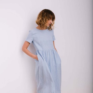 Linen Loose Dress In Sky Blue - Short Sleeved Linen Summer Dress - Linen High Waist Dress - Handmade by OFFON