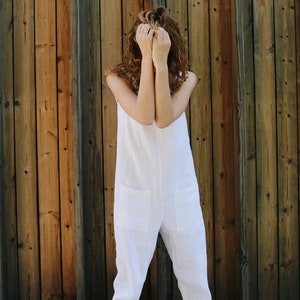 White linen loose fit summer jumpsuit -  Handmade by OFFON CLOTHING
