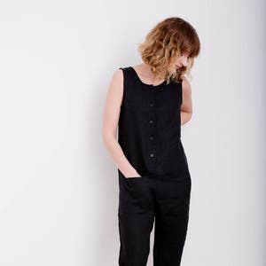 Black Linen Jumpsuit - Women Sleeveless Overall - Linen Romper - Handmade by OFFON