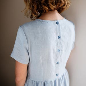 Linen Loose Dress In Sky Blue Short Sleeved Linen Summer Dress Linen High Waist Dress Handmade by OFFON image 3