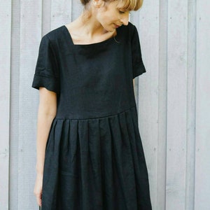 Black linen square neck oversized dress Handmade by OFFON image 2