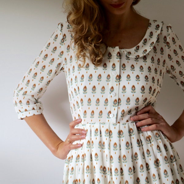 Open Back Vintage Dress - Feather Print Vintage Dress - White Vintage Dress - Handmade by OFFON
