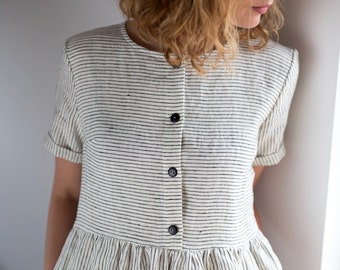 Linen Dress - Striped Linen Dress - Organic Linen Dress - Linen Short Sleeve Dress - Linen Women Dress - Handmade by OFFON