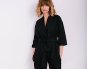 Black Jumpsuit - Linen Overall - Linen Jumpsuit - Linen Romper - Women Overall - Handmade by OFFON