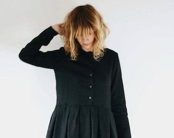 Black Linen Dress - Long Sleeve Linen Dress - Shirt Collar Dress - Handmade by OFFON