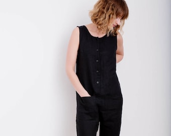 Black Linen Jumpsuit - Women Sleeveless Overall - Linen Romper - Handmade by OFFON