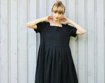 Black linen square neck oversized dress - Handmade by OFFON