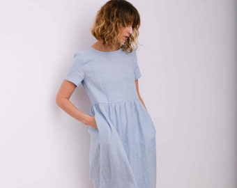 Linen Loose Dress In Sky Blue - Short Sleeved Linen Summer Dress - Linen High Waist Dress - Handmade by OFFON