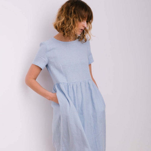 Linen Loose Dress In Sky Blue - Short Sleeved Linen Summer Dress - Linen High Waist Dress - Handmade by OFFON