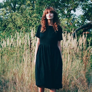 Black Linen Short Sleeve High Waist Dress / Handmade by OFFON Clothing image 1