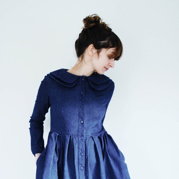 Denim Dress - Indigo Dress - Double Collar Dress - Full Gathered Skirt Dress - Handmade by OffOn