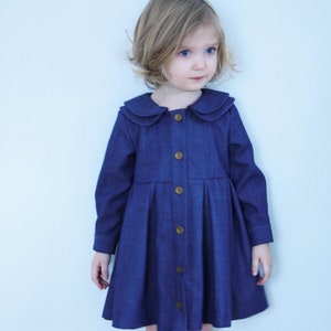 Girls Denim Dress -Girls Long Sleeved Handmade Dress - Indigo Denim Dress - Handmade by OFFON Clothing