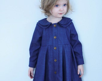 Girls Denim Dress -Girls Long Sleeved Handmade Dress - Indigo Denim Dress - Handmade by OFFON Clothing