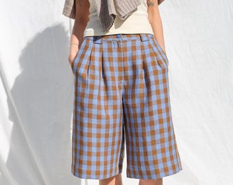 Bermuda in lino RAQUEL con fantasia a quadri Bluebonnet • OFFON Clothing
