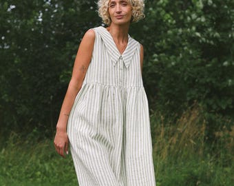 Sailor Collar Sleeveless Linen Dress BETTY in Stripes / OFFON Clothing