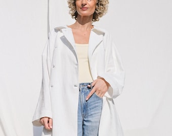 Gebroken witte oversized linnen jas met Peter Pan-kraag • OFFON CLOTHING