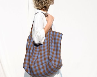 Grote linnen draagtas geruit / handgemaakt door OFFON