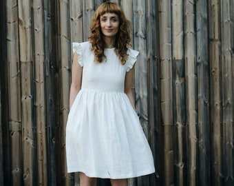 White Linen Dress - Linen Frill Sleeves Dress - Handmade by OFFON