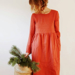 Linen Dress - Burnt Orange Linen Dress - Long Sleeved Dress - Loose Fit Dress - High Waist Dress - Handmade by OFFON