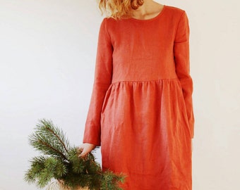 Linen Dress - Burnt Orange Linen Dress - Long Sleeved Dress - Loose Fit Dress - High Waist Dress - Handmade by OFFON