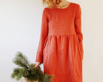 Linen Dress - Burnt Orange Linen Dress - Long Sleeved Dress - Loose Fit Dress - High Waist Dress - Handmade by OFFON