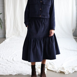 Elasticated waist ruffle needlecord skirt / OFFON CLOTHING