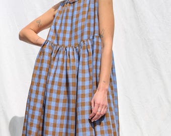 Exclusive Blue Bonnet Linen checks smock sleeveless dress • OFFON CLOTHING