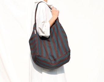Striped Large Linen Tote Bag / Handmade by OFFON