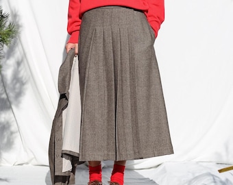 Herringbone Wool Pleated Wrap Skirt • A-line Wool Midi Skirt Women • Warm Winter Wrap Skirt