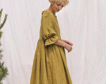 Puffy sleeves oversized checkered linen dress NINA • OFFON CLOTHING