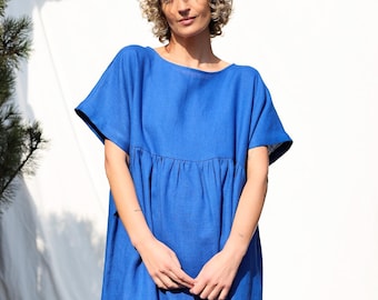 Oversized linnen jurk in koningsblauw SILVINA • OFFON CLOTHING