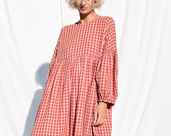 Gingham-Kleid aus doppellagigem Gaze in Oversize-Optik GRETA • OFFON CLOTHING