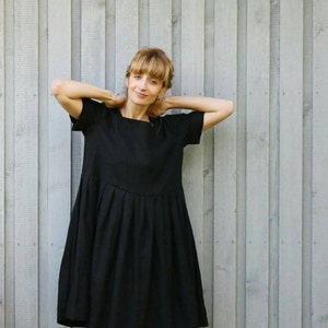 Black linen square neck oversized dress Handmade by OFFON image 4